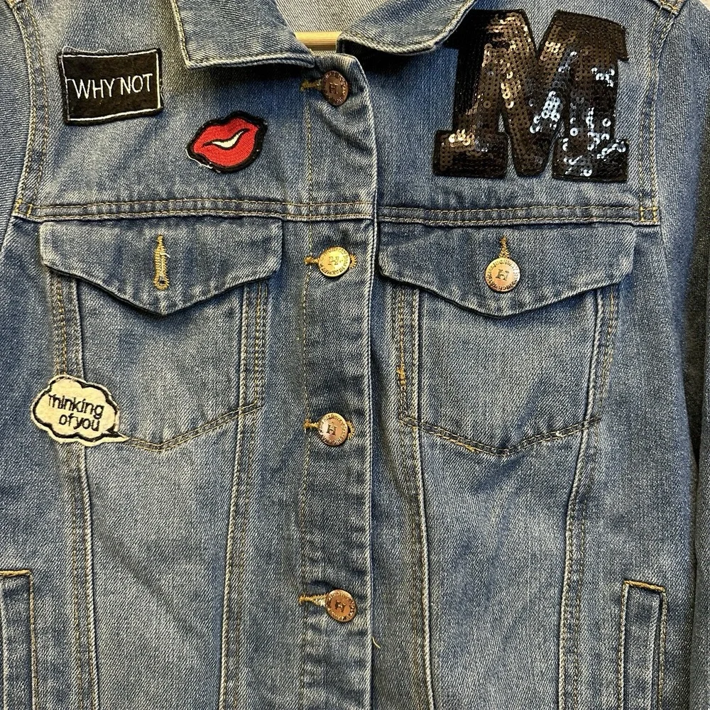 Highway‎ Jeans Womens L Cropped Denim Jacket Patches Sequin M Raw Hem VD7901HJMJ